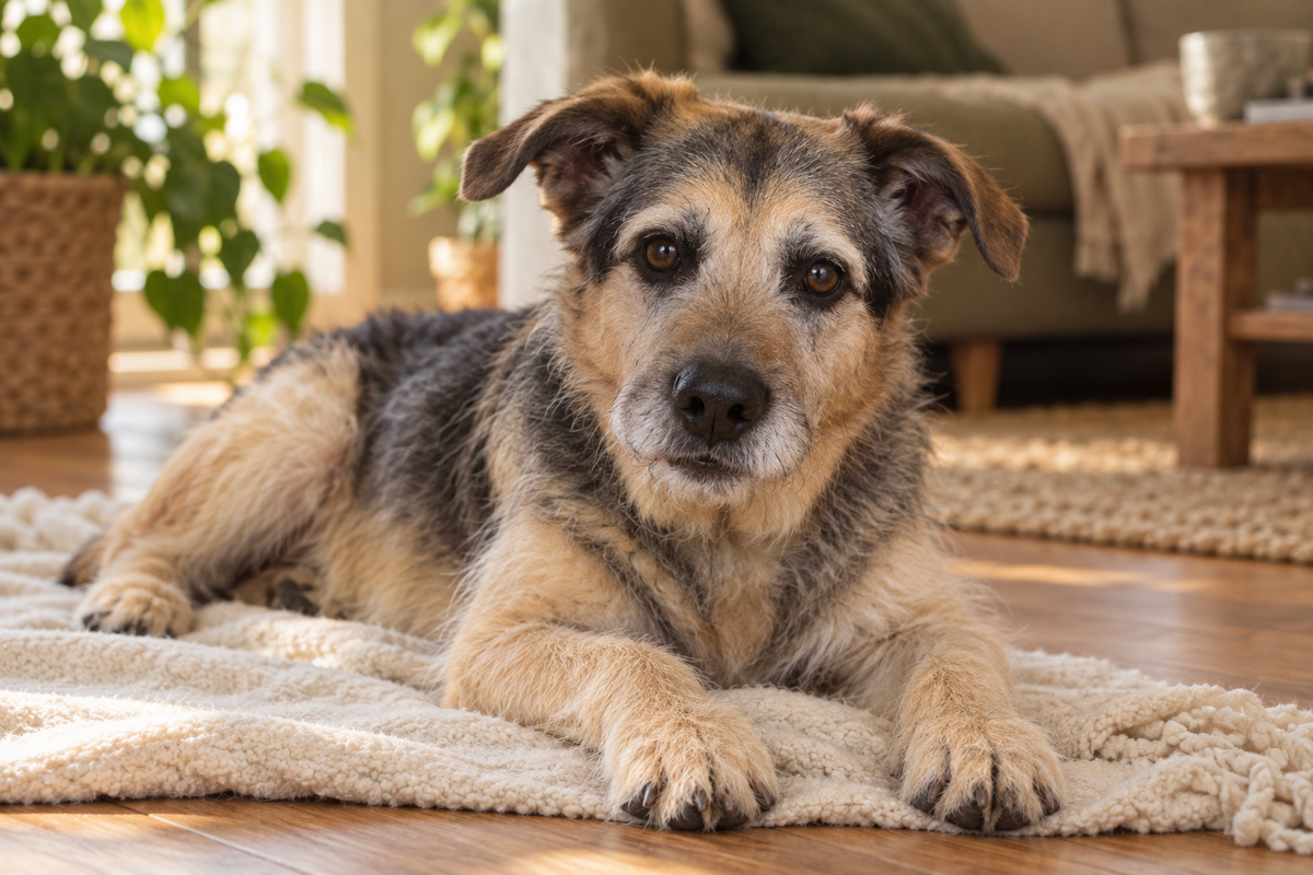 Charlie, ein rauhaariger älterer Hund, liegt aufmerksam auf einer hellen Decke im Wohnzimmer